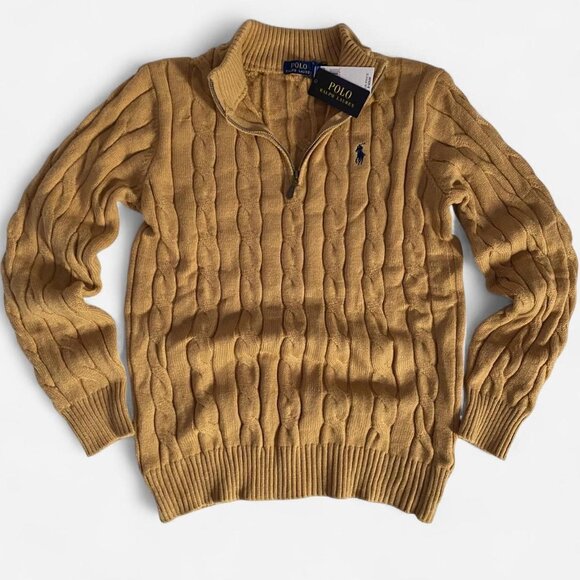 Polo Ralph Lauren Camel Melange brown cable knit cotton quarter zip sweater